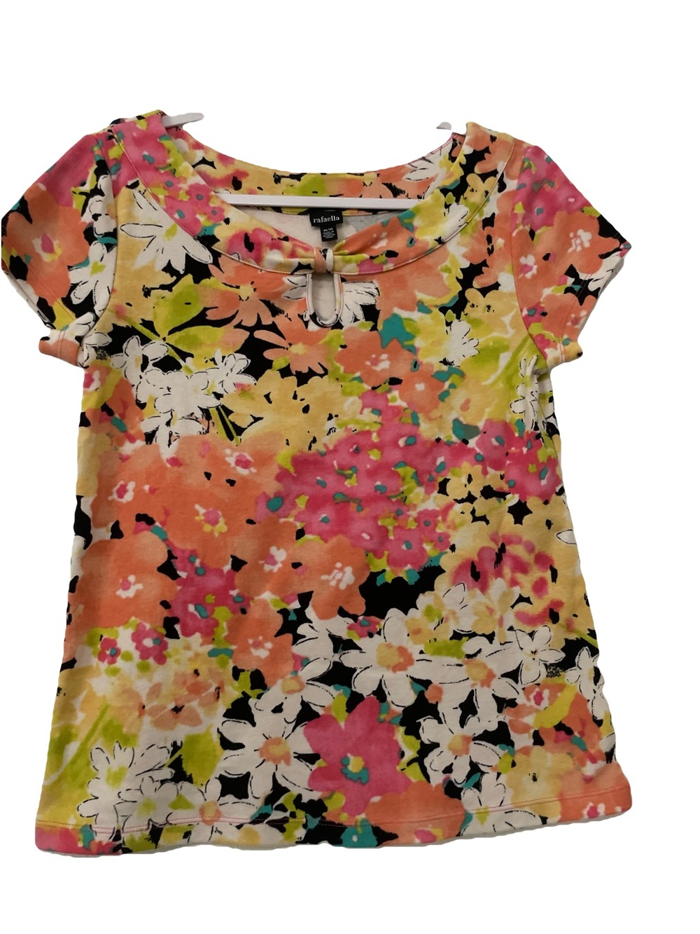 Rafaella Short-Sleeve Floral Keyhole Tee — Pink, Peach & White